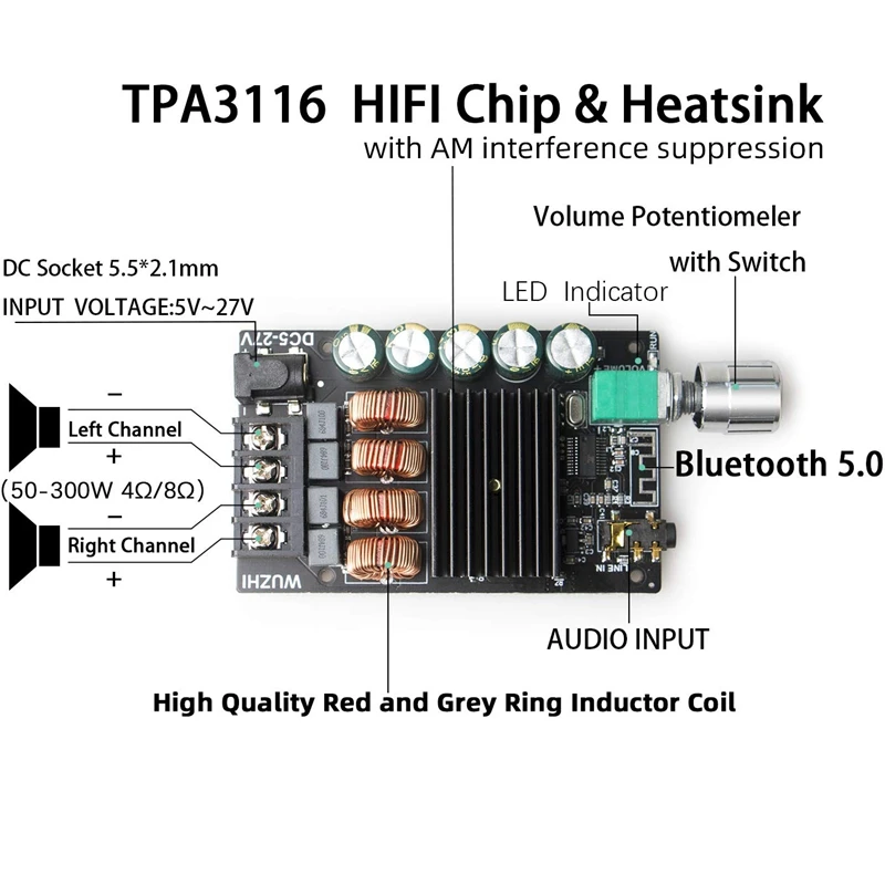 HIFI TPA3116 Bluetooth 5,0 высокомощный цифровой усилитель стерео плата 100 Вт+ 100 Вт усилитель аудио домашний кинотеатр