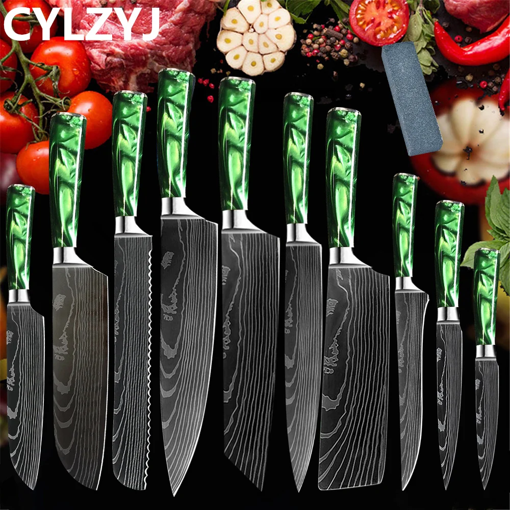 9 Pcs Chef Knife Set Damascus Steel Red Resin Handle Cleaver Nakiri Kitchen  Tool