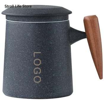 

Mug Ceramic Tea Water Cup Separation with Cover Large Capacity Milk Office Custom Mug Wooden Handle Taza Birthday Gift Box CM093