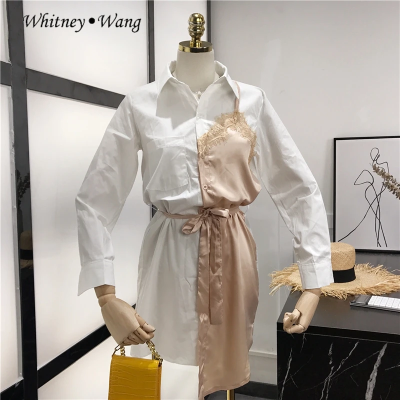 WHITNEY WANG блузки женские мода уличная кружева сатиновый, пэчворк Асимметричная блуза женские блузы рубашки топы