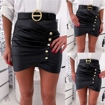 

2020 New Fashion Women Ladies High Waist Pencil Skirts Button Sexy Bodycon Black Leather Folds Split Party Casual Mini Skirt