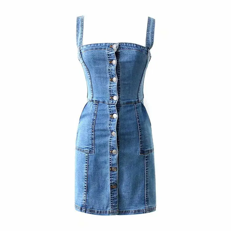 

19 Spring Korean-style Slim Models Ladies' Single Breasted Double Pocket Suspender Skirt Denim Skirt