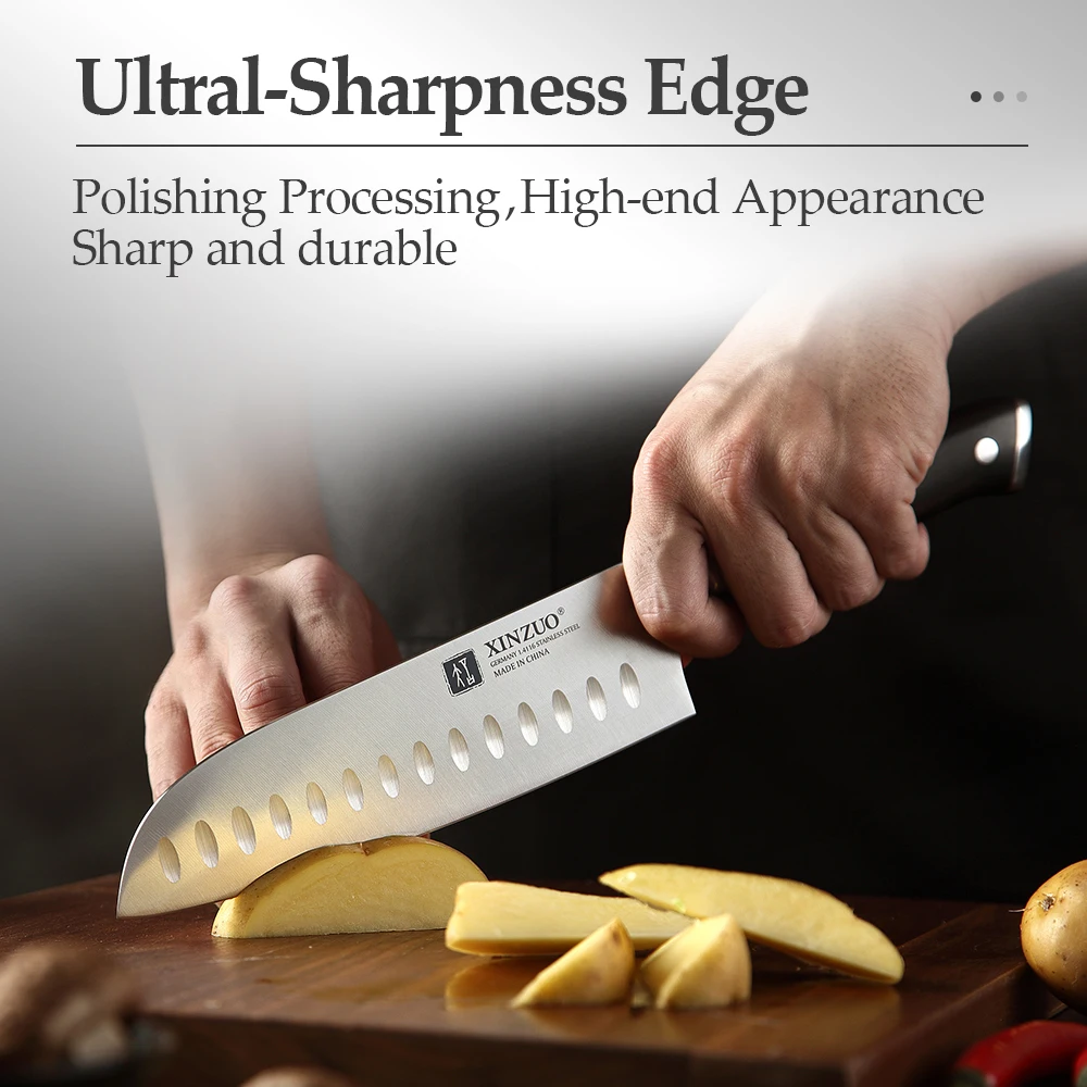 XINZUO 7'' Inch Santoku Kitchen Knives German 1.4116 Stainless Steel Cleaver Meat Cutting Knives with Ebony Handle with Gift Box