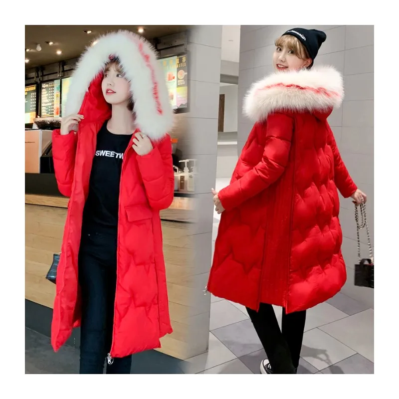 2021 New Arrival Women Slim Down Jacket with Hood Loose Thick Knee-Length Large Size Winter Zipper Solid