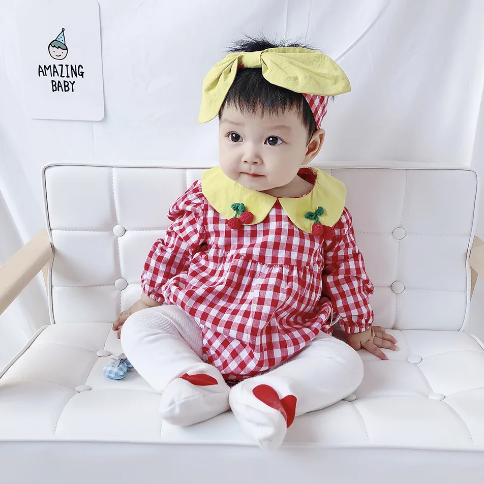 Autumn Infants Little Children Climbing Clothes Newborn Baby Plaid Doll Collar Cherry Cotton Jumpsuit with Bow Knot Headband Top