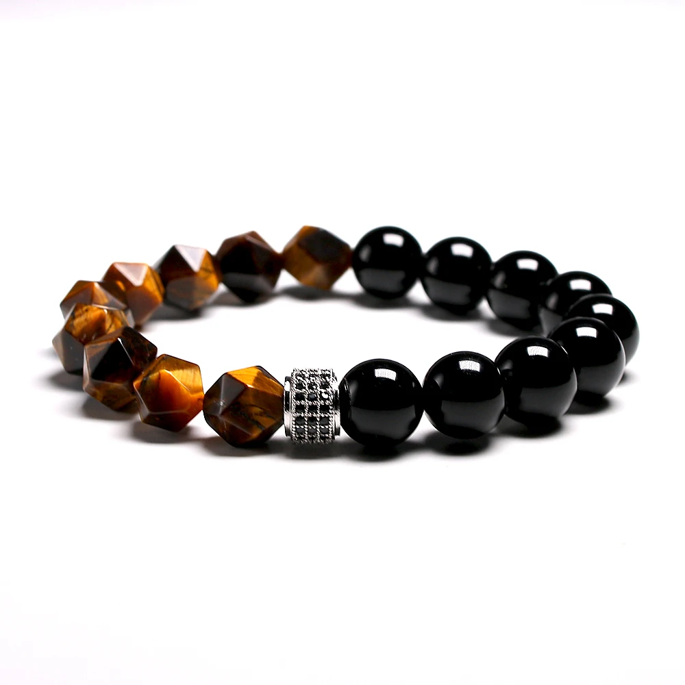 New Men Bracelet Beads Faceted Natural Tiger’s eye Stone Micro Inlaid Charm CZ Bracelets 10MM Men’s Gift Dropship