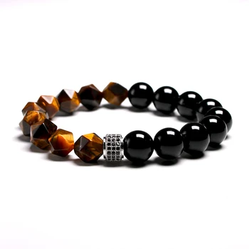 New Men Bracelet Beads Faceted Natural Tiger’s eye Stone Micro Inlaid Charm CZ Bracelets 10MM Men’s Gift Dropship