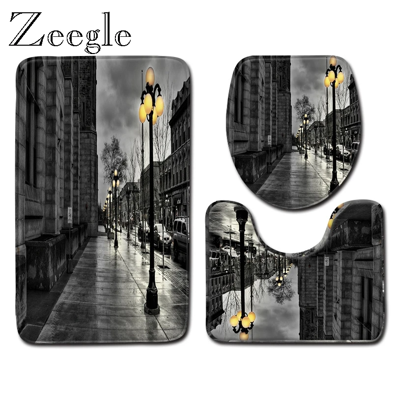 Zeegle Bathroom Mat Set Flannel Anti-Slip Bath Floor Mat Carpet Washable Pedestal Rug Lid Toilet Cover Mat Soft 3pcs Toilet Set