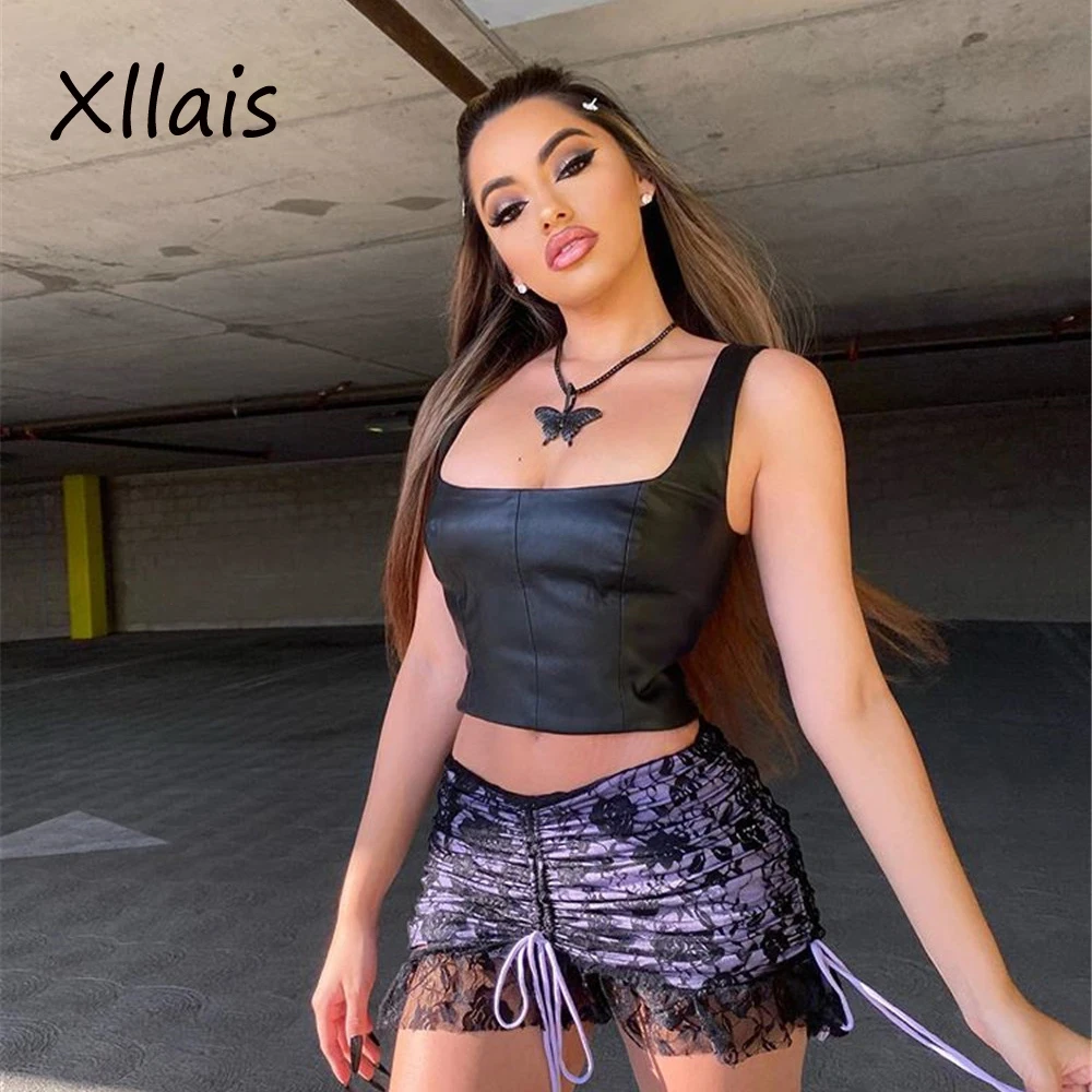Xllais, летние сексуальные женские короткие топы из искусственной кожи, без рукавов, топ на бретелях, женский черный топ