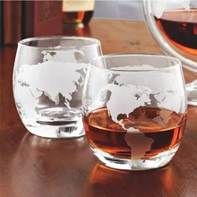 Set of 2 Lead Free Cocktail Glasses Globe World Map Whiskey Wine Glass Cup Hand Blown Coffee Cup