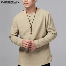 Однотонная мужская рубашка из хлопка с длинными рукавами и пуговицами в винтажном стиле кунг-фу, мужские рубашки в стиле кэжуал Camisa уличная одежда INCERUN