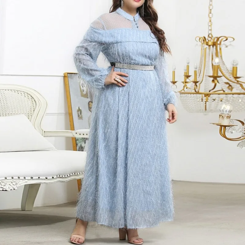 3xl 4xl Plus Size For Women Party Dress Oversized Muslim Robe Arab Abaya Blue Long Sleeve Tassel Ladies Long Maxi Dress Vestido