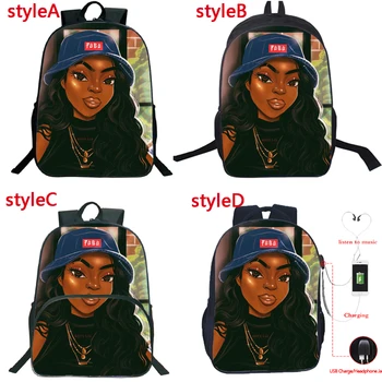 

Mochila Bookbag Afro Lady Girl Fashion Backpack School Bags for Teenage Girls USB Charge Travel Backpack Laptop Knapsack