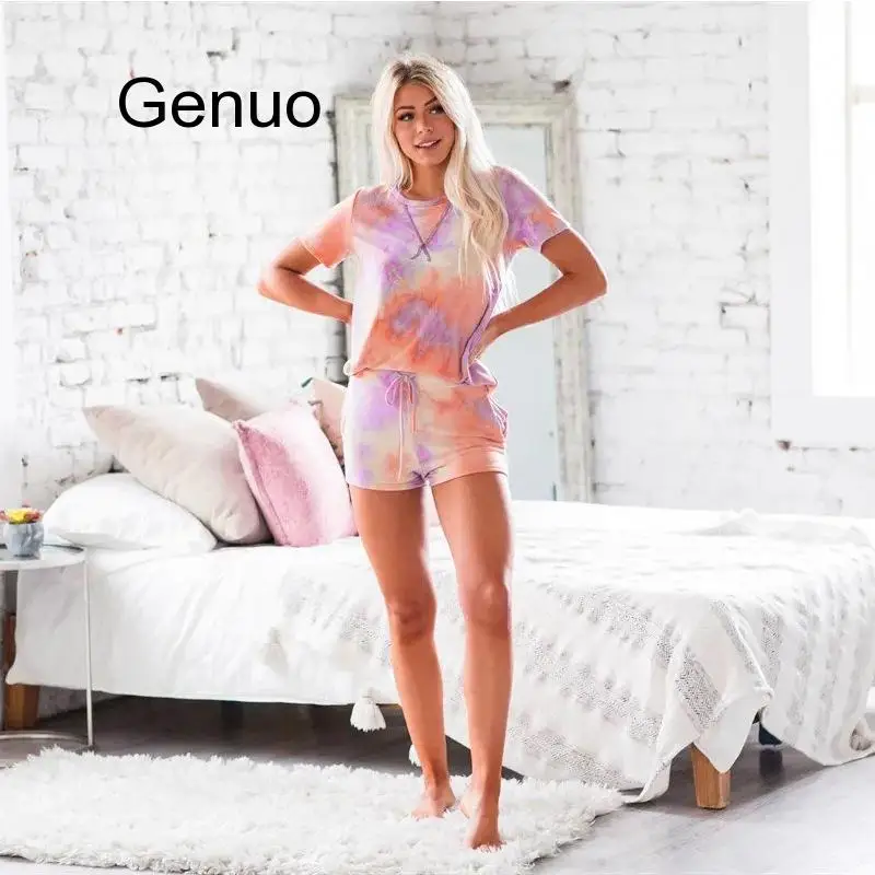 New Summer Tie-dyed Print Women Sets Lounge Wear Tops Shorts Set 2 Pieces Women Tracksuit Home Leisure T Shirts Shorts
