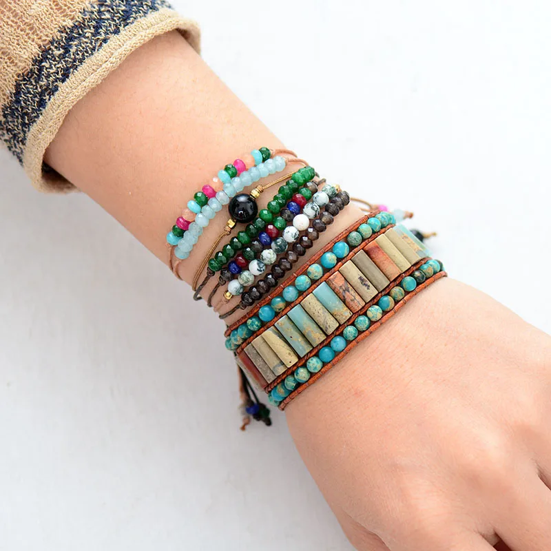 Boho Bracelet Unique Natural Stone Vintage Leather Wrap Bracelets Wholesale Bohemian Woven Stone Cuff Bracelet Dropship