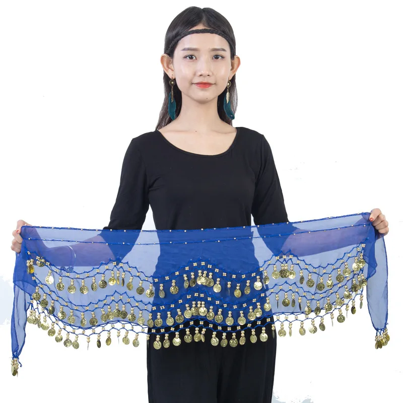 

Women Belly Dance Hip Scarf Skirt Accessories 3 Row Belt Skirt With Gold bellydance Tone Coins Waist Chain Wrap Adult Dancewear