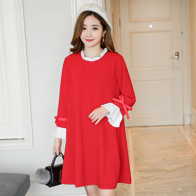 Красный Платья для беременных с длинными рукавами; Vestidos; Одежда для беременных женщин; хлопковые приталенные платья с бантом; Одежда для беременных - Цвет: Красный