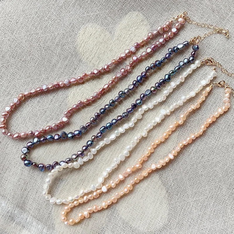 4-5mm Small Irregular Nuggets Baroque Pearl Jewelry Short Collar Real Natural Freshwater Choker Necklaces for Women 37cm | Украшения и
