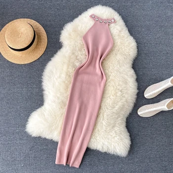 

FMFSSOM 2020 New Summer Women Sexy Halter Sleeveless Midi Dresses Female Solid High Waist Off Shoulder Slim Dress