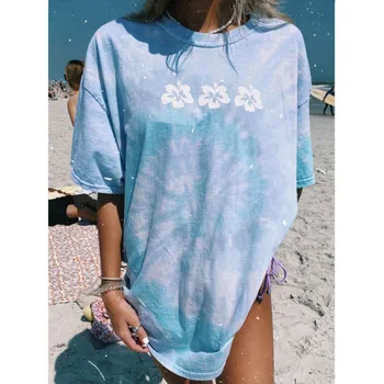 

2020 Women's Casual Round Collar T-shirt Woman Fashion Printing Summer Short Sleeve Printing Midi Pullover Tops Tee