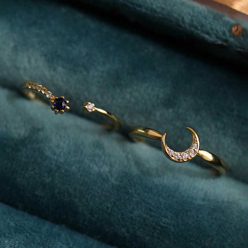 Модный дизайн, ювелирные изделия, Голубой цирконий, Милая луна и звезда, золотые кольца, набор, открытая манжета, 925 пробы, серебряные кольца, 2 шт., комбинированные кольца