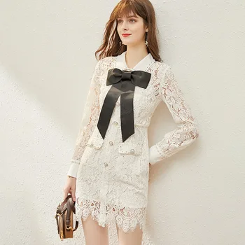 

2020 Spring Women's hollow-out lace dress high quality diamonds France style elegant bowtie long sleeves dress B545