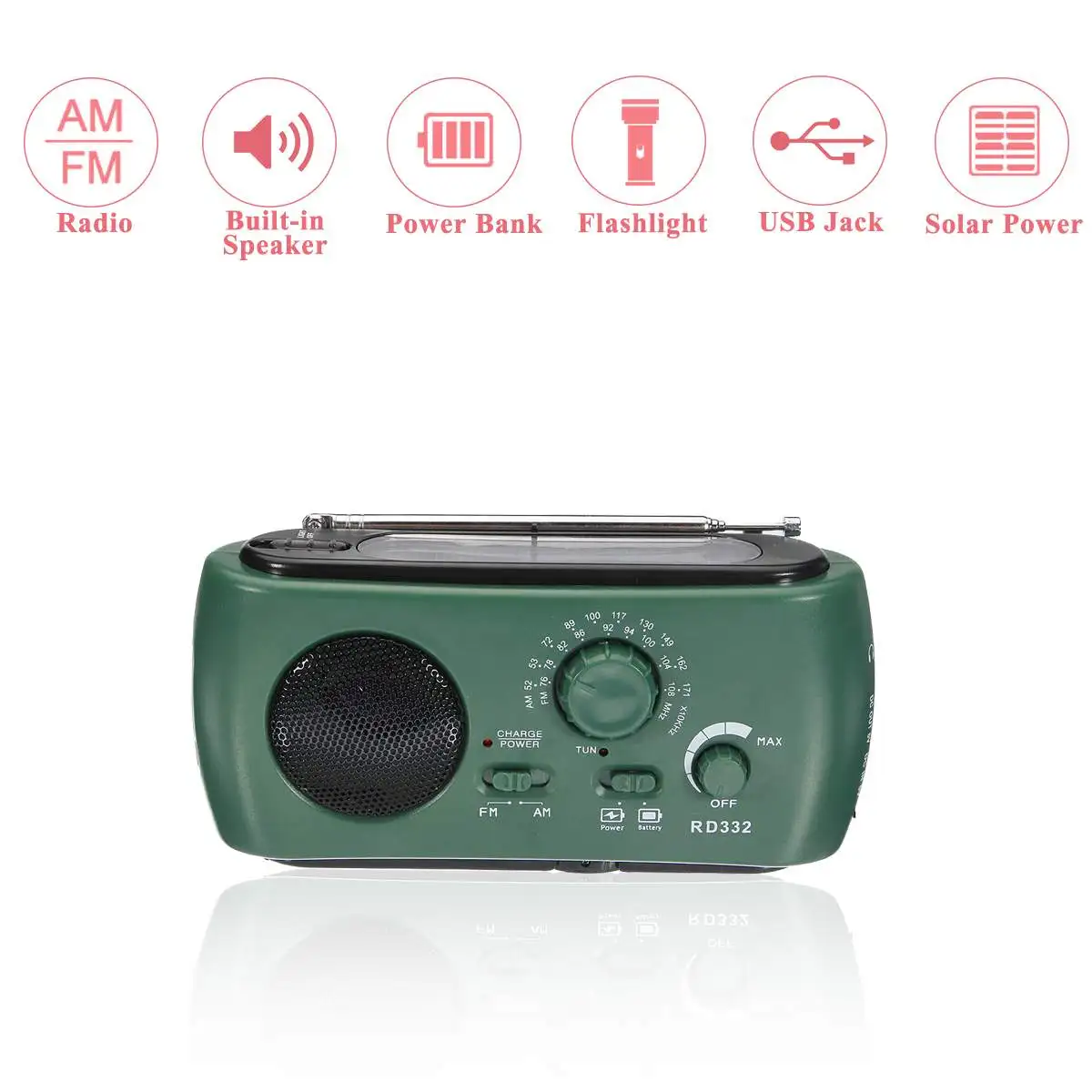 Emergency Portable Solar Crank AM/FM Weather Radio with LED Flashlight with Cell Charging Interface Can Charge for Phone