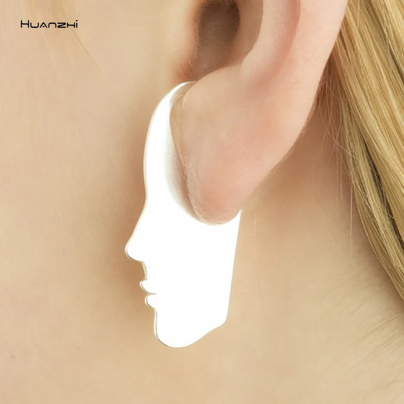 HUANZHI 2020 New Temperament Abstract Human Face Smooth Geometric Side Personality Metal Earrings For Women Jewelry Gifts | Украшения и