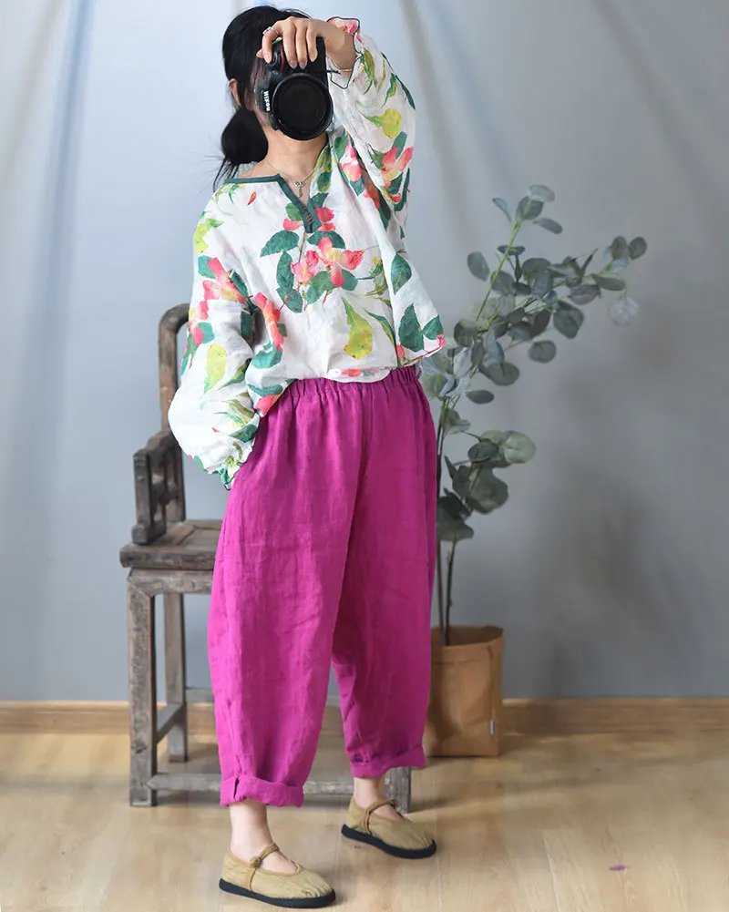 Women Ramie Printed Blouse Tops Female Vintage Print Ramie Latern Sleeve Shirts Ladies 2020 Spring Summer Ramie Shirt Tops 6