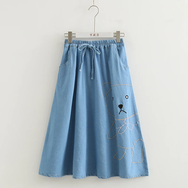 Kawaii bear вышивка drawstring Джинсовая Юбка Saia mori girl Элегантный дизайн S28482-AQ