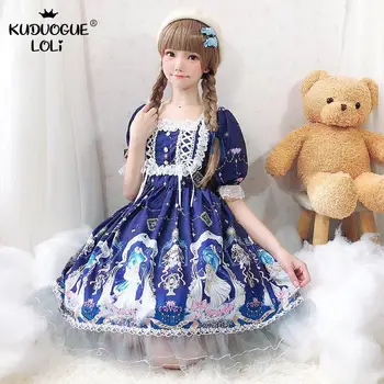 

Princess Sweet Lolita Dress Vintage Lace Cute Printing Puff Sleeve Kawaii Red Green Pink Blue Dress Girls Gothic Cosplay Custome