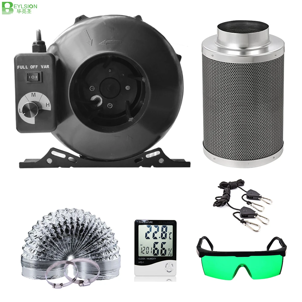 

BEYLSION New 6 Inch Adjustable Speed Centrifugal Fans Activated Carbon Air Filter Set for Green House Hydroponic Growbox