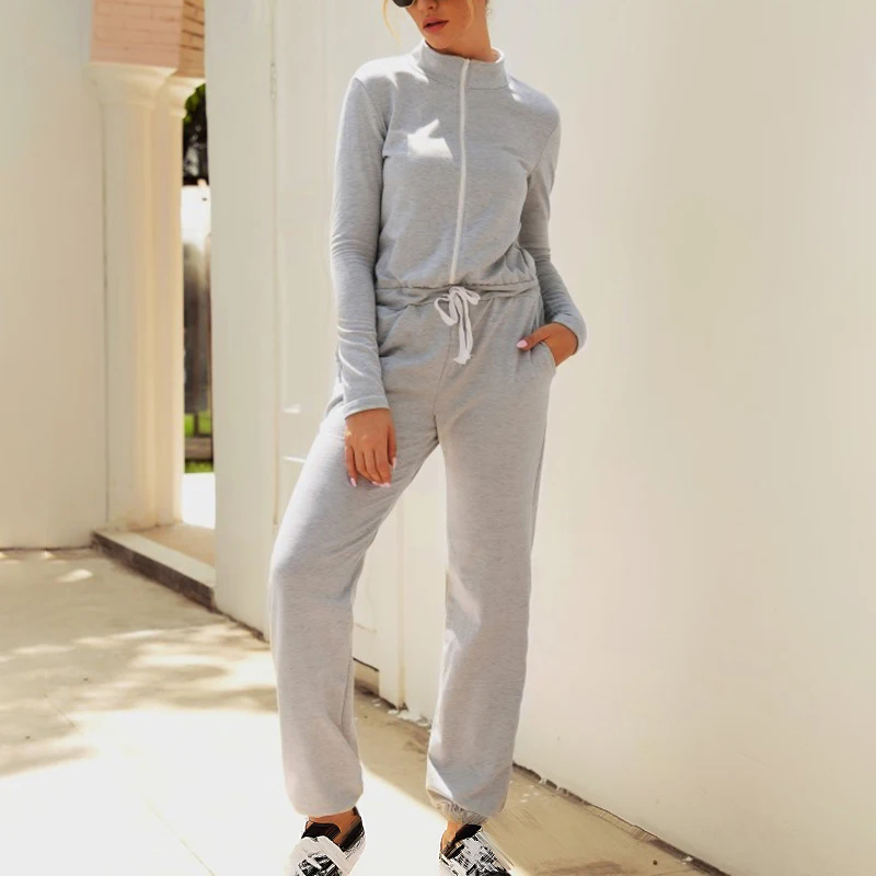 

Tracksuit 2pcs Women Female Straight Slim Zipper Jumpsuit Turtleneck Long Sleeve Romper Drawstring Women Playsuits Female