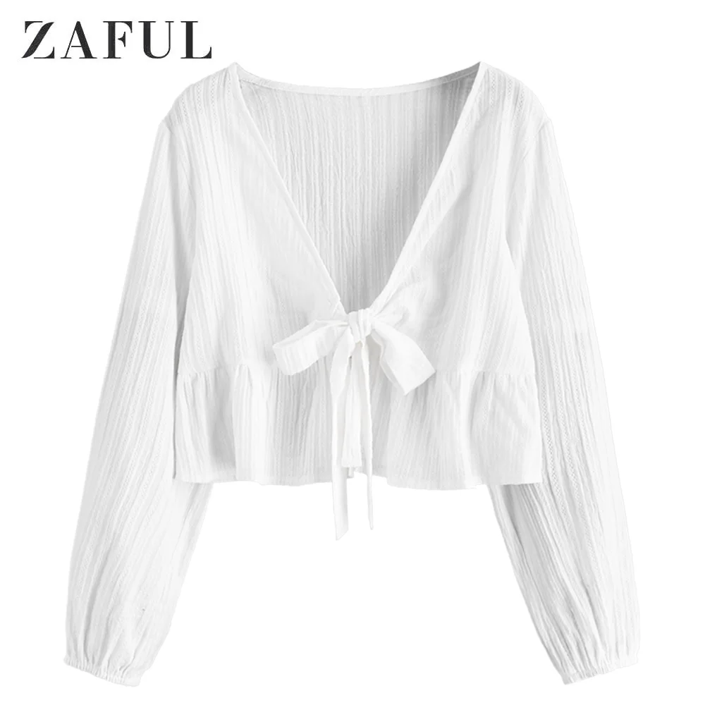 ZAFUL/однотонная укороченная блузка с рюшами на подоле, блузка с v-образным вырезом и длинными рукавами, украшенная завязками спереди, простая повседневная Осенняя Милая рубашка