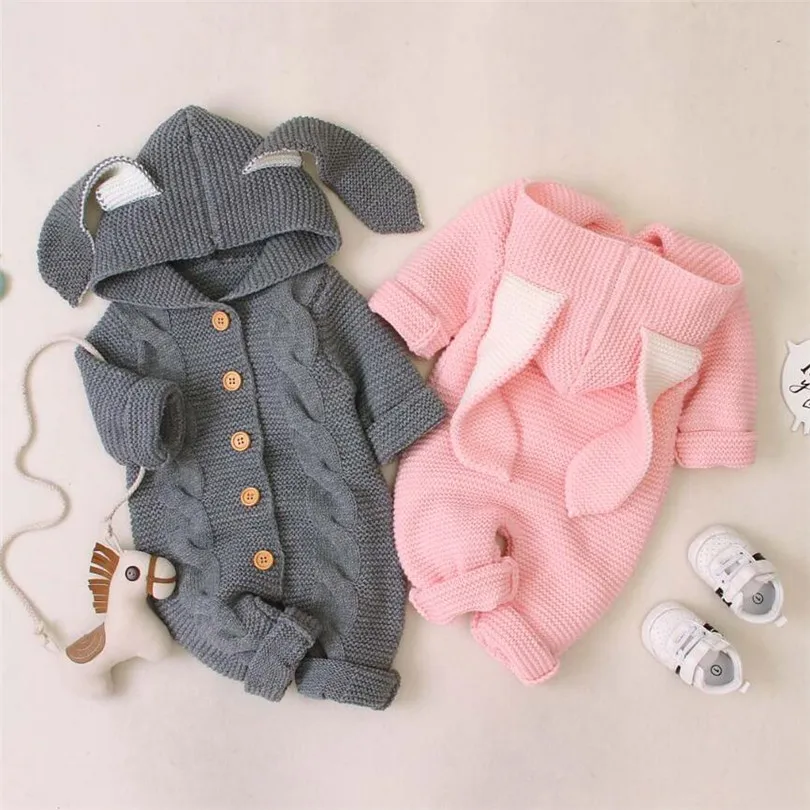 Детский комбинезон осень-зима; вязаная одежда для малышей; комбинезон для новорожденных с капюшоном и заячьими ушками; Детский комбинезон хлопок; комбинезон для маленьких девочек
