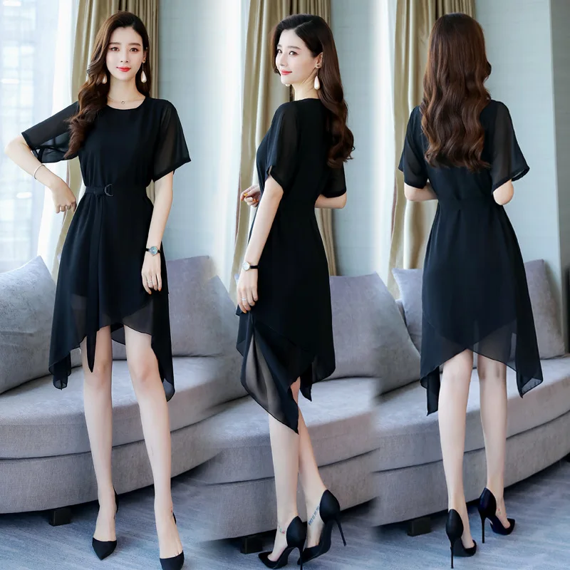 

Black Dress 2019 Summer New Style Popular Elegant Crew Neck Collar Waist Hugging Slimming Fairy Chiffon Dress Mid-length