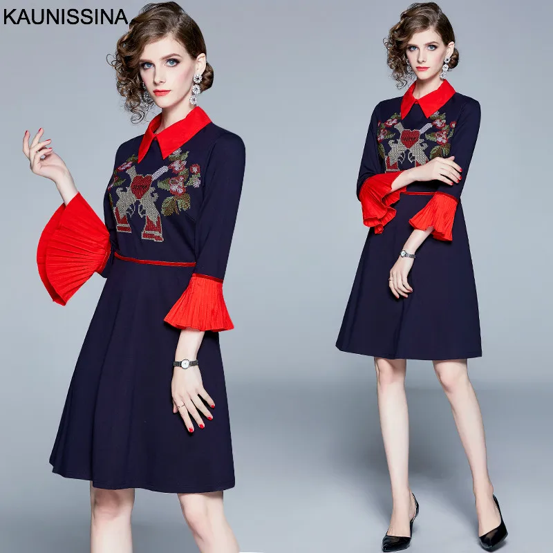 KAUNISSINA Cocktail Dress Embroidery Graduation Party Gown Turn Down Collar Flare Sleeve Retro European Luxury Dresses | Свадьбы и