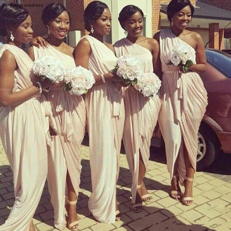 African American Grecian Bridesmaid Dresses 2017 Unique One Shoulder Peach Pink Mermaid Long Formal Dresses for Women With Sash  89