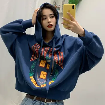 

Womens Letters Print Long Sleeve Hoodied Thin Short Sweatshirt Ladies Slouch Loose Cotton Pullover Tops Spring Autumn 2020