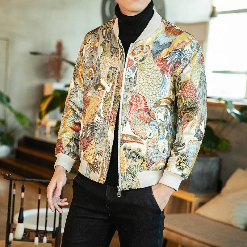 Осенняя куртка, утолщенная винтажная Мужская куртка, Chaquetas Hombre Corta Vientos Hombre Ropa Hombre, Свободное пальто с вышивкой животных - Цвет: JK89BeigeParrot