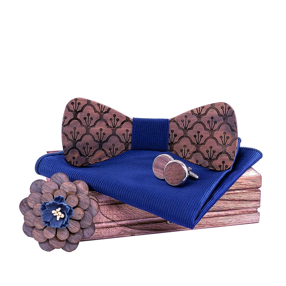 Wooden Bow Tie Men Set Square Scarf Cufflinks Brooch Party Stage Bow Tie Men's Accessories Logo Custom