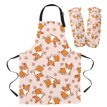 

Corgi Dog Kitchen Aprons Kit Unisex Dinner Party Cooking Bib Funny Pinafore Cleaning Apron Sleeve Baking Gloves