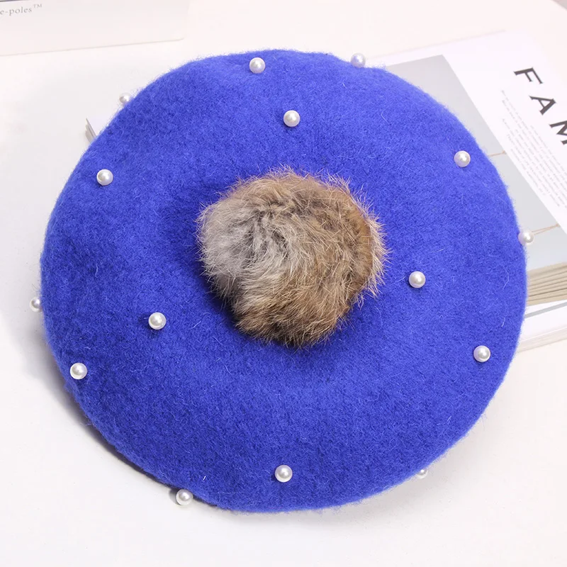 blue Натуральный мех Pom детская шляпа из шерсти помпон для маленьких девочек берет с жемчугом Классическая Детская французская шапка для девочек - Цвет: blue