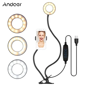 

Andoer Webcam Light Stand 3.5" Clip-On Mini USB Ring Light 3 Lighting Mode+Webcam Mount Phone Holder for Live Streaming Online