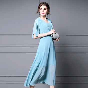 

Women plus big size chiffon dress summer 2020 cocochoose top quality ruched waist short sleeve a-line elegant long dresses blue