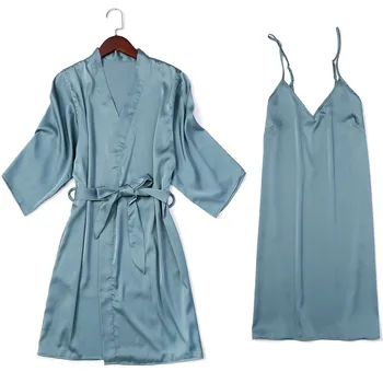 

2PCS Sleep Set Satin Nighty&Robe Suit Nightdress Women Sexy Kimono Bathrobe Gown Intimate Lingerie Silky Home Clothes Nightwear