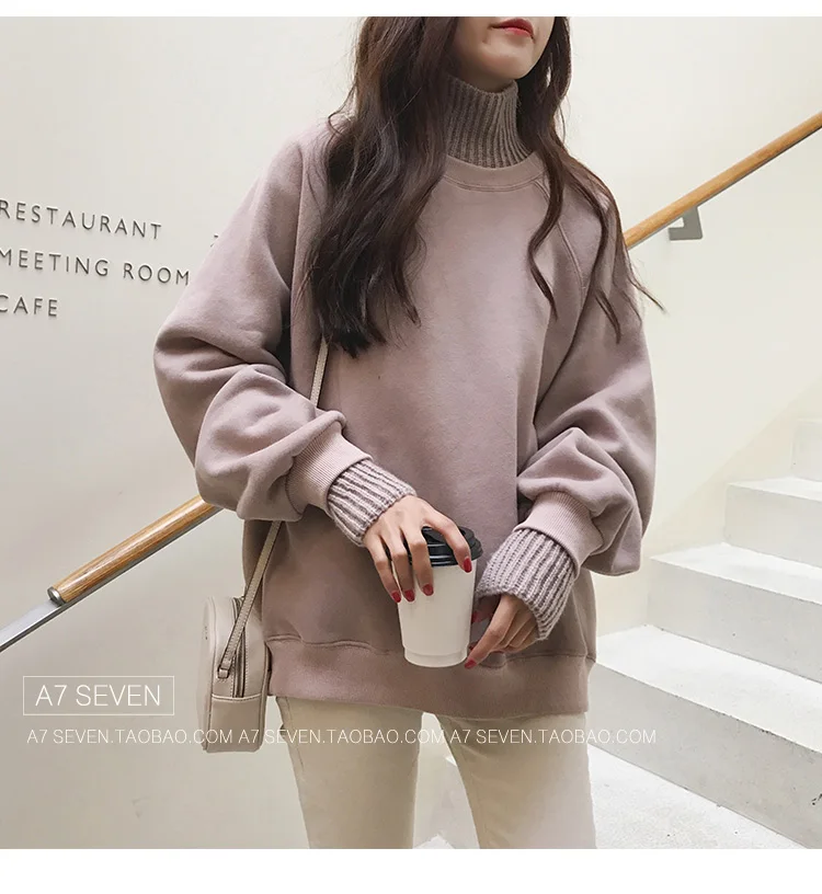 Харадзюку толстовки женские плотные плюс бархат Свободные Водолазка негабаритных кофты корейский стиль сплошной длинный рукав дамы пуловер