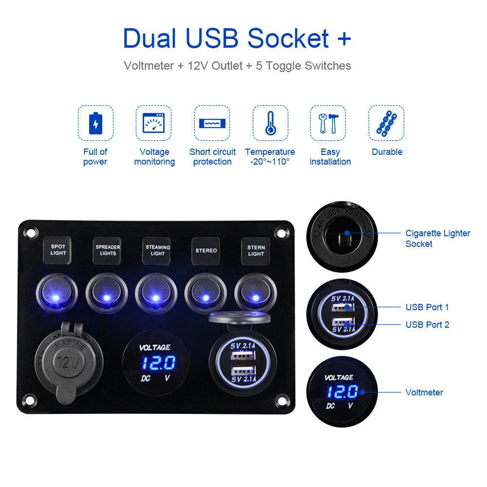 12V 5 Gang автомобиль Лодка Управление переключатель Панель Напряжение Дисплей USB Зарядное устройство