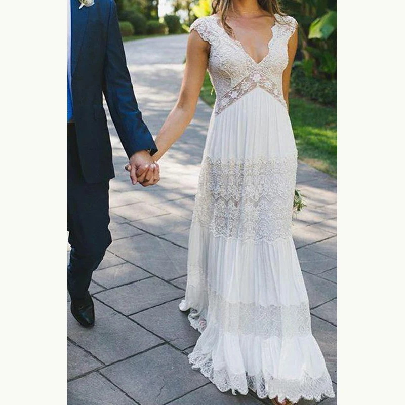 

Charming Summer Boho Lace Backless Bridal Wedding Dresses Cap Sleeves Plunge V Neckline Wedding Gowns for Bride Full Length