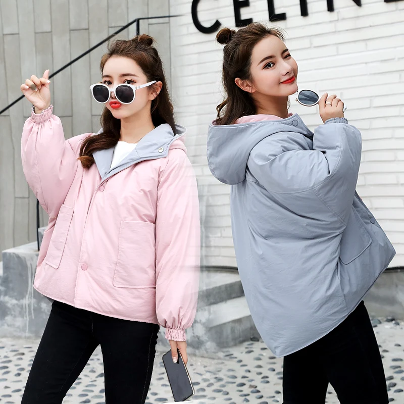 

Korean two sides wear large size bread coat student coat thick loose jacket large size padded